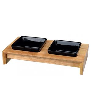 Dřevěný bar, 2x keramická čtyřhranná miska, á 0,4 l / 13 x 13 cm, černá