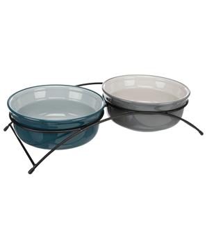 Levně Set keramických misek v kovovém stojánku, petrolejová/šedá 2 × 0,25 l/ ø 13 cm/ 27 × 8 × 13 cm