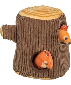 Pařez s veverkou, plyšová hračka pro psy, bez zvuku, 16 cm, hnědá/oranžová