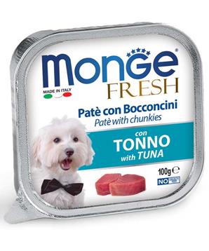 Levně MONGE FRESH - paštika a kousky s tuňákem pro psy 100g