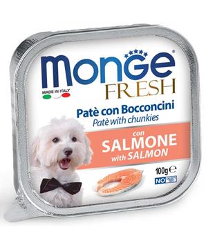 Levně MONGE FRESH - paštika a kousky s lososem pro psy 100g