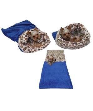 Marysa pelíšek 3v1 pro psy, modrý/hnědá kolečka, velikost XL