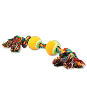 Levně Hračka DOG FANTASY barevná 2 knoty + 2 tenisáky 35 cm