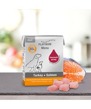 Levně Paštika Platinum Natural Menu Turkey & Salmon - Krocan & Losos 375 g