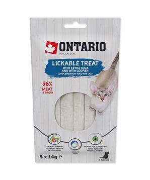 Levně Pochoutka ONTARIO lízací s extra tuňákem a s treskou 5 x 14g