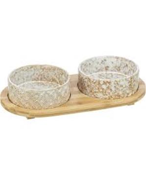 Levně Set misek v bambusovém stojanu, bílá/světlehnědá 2 × 0,3 l/ ø 12 cm/ 30 x 6 x 15 cm