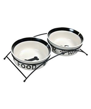 Levně Stojánek s bílými keramickými miskami s kostí 2x0,25 l/13 cm