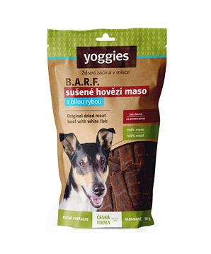 Levně Yoggies Sušené hovězí maso s rybou pro psy (proužky) 45 g