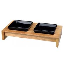 Dřevěný bar, 2x keramická čtyřhranná miska, á 0,4 l / 13 x 13 cm,  černá