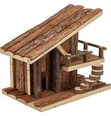 Chaloupka JULE s terasou, pro myšky, 25 x 21 x18 cm, přírodní dřevo s kůrou