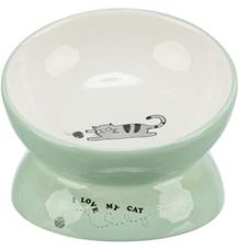 Keramická miska vyvýšená s motivem kočky, ergonomický tvar, 0,15 l / 13 cm, šalvěj/bílá 1 ks Keramická miska vyvýšená s motivem kočky, ergonomický tvar, 0,15 l / 13 cm, šalvěj/bílá 1 ks