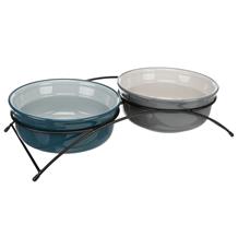 Set keramických misek v kovovém stojánku, petrolejová/šedá 2 × 0,25 l/ ø 13 cm/ 27 × 8 × 13 cm