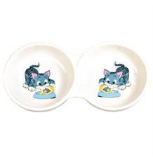 Keramická dvojmiska, malovaná, motiv kočka 2x150 ml/ 11 cm Keramická dvojmiska, malovaná, motiv kočka 2x150 ml/ 11 cm